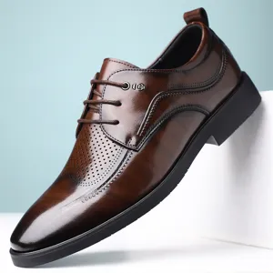 Men Business Formal Leather Shoes Hollow Out Breathable Pointed Toe Lace Up Dress Shoes Casual Oxford Footwear