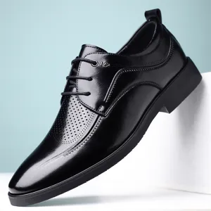 Men's black leather formal dress shoes hollow-out lace-up business pointed toe shoes