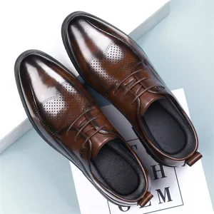 Men vintage brown dress shoes formal lace-up hollow breathable leather business brogues
