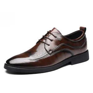 Men brown leather dress shoes business casual lace-up perforated brogue pointed toe main view