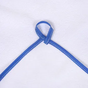 Microfiber towel detail shot featuring durable blue edge binding and a convenient hanging loop.