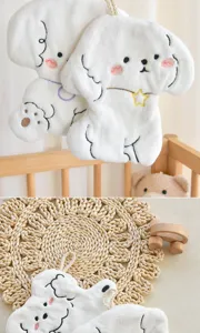 Cute cartoon dog hanging hand towel, soft coral fleece absorbent kitchen and bathroom rag.
