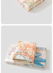 Soft flannel baby blanket detail, cozy cartoon fairy tale print, vintage style nursery bedding.