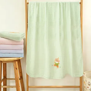 Soft Cotton Gauze Baby Bath Towel Cartoon Embroidery Breathable Infant Cover Blanket Toddler Daily Sleeping Quilt