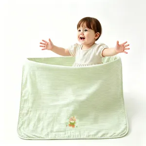 Soft striped baby bath towel with cute cartoon embroidery, breathable gauze blanket for kids.