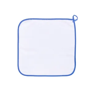 Multifunctional microfiber square cleaning cloth with blue trim and hanging loop for kitchen.