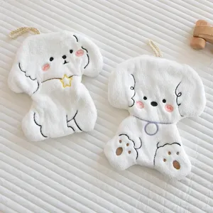 Cute cartoon puppy coral fleece hanging hand towel, highly absorbent for kitchen and bathroom use.