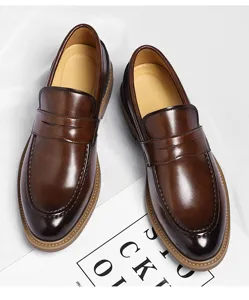 Mocassins en cuir marron pour homme chaussures de ville vintage decontractees confortables