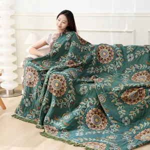 Cotton gauze sofa blanket throw soft floral tassel quilt for living room summer bed cover