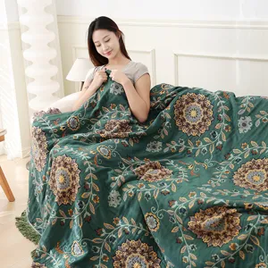 Cotton gauze blanket throw with fringe tassels, floral mandala pattern for sofa and summer bed.