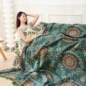 Pure cotton gauze blanket with tassels, vintage floral sofa throw for summer nap and home decor.