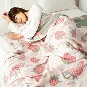 Pure Cotton Gauze Towel Blanket Summer Air Conditioning Quilt Strawberry Print Soft Breathable Bed Sheet Sofa Throw