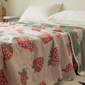 Cotton gauze towel blanket with strawberry print for summer air conditioning bed cover.