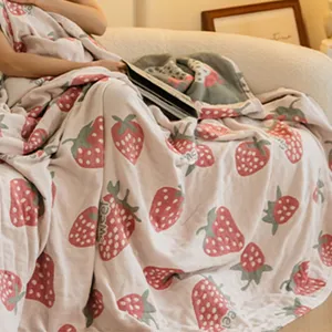 Cotton gauze blanket with cute strawberry print, soft summer air conditioning quilt for sofa.