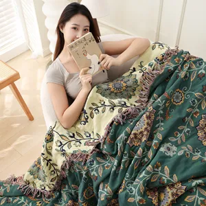Cotton woven throw blanket vintage floral fringe sofa cover nap blanket summer air-con quilt