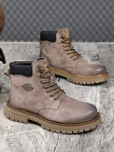 Men's retro work boots, high top suede leather footwear with thick non-slip rubber soles.