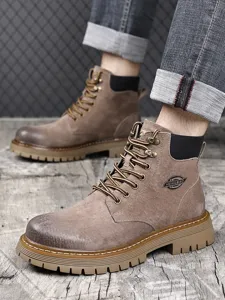 Men's retro winter fleece-lined martin boots high top british style work shoes