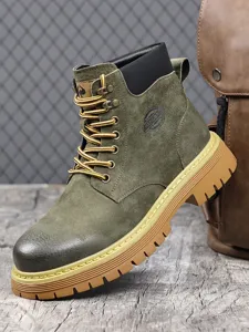 Men's retro olive green suede martin boots with thick rubber outsole and durable work boots.