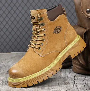 Men's winter fleece-lined martin boots retro work boots anti-slip high-top leather shoes