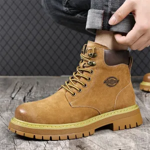 Men's Martin boots winter fleece-lined high-top vintage work boots with thick anti-slip sole.