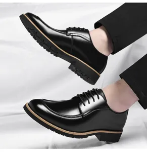 Detail shot of black business leather shoes for men, featuring lace-up design and thick sole.
