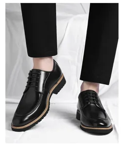Men's business dress shoes detail, premium black leather upper with lace-up style and stitching sole.