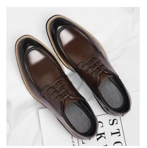 Men's brown leather business dress shoes detail, pointed toe lace-up formal footwear close up.