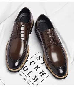 Men's brown leather dress shoes, classic lace-up derby shoes with fine gradient toe.
