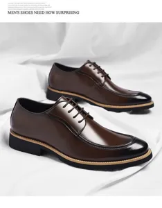Men's brown leather dress shoes classic pointed toe lace up business formal footwear