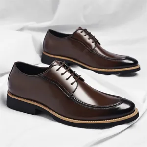 Men's leather business dress shoes, classic lace-up pointed toe formal shoes in dark brown.