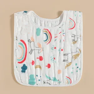 Détail bavoir bébé coton doux, imprimé licorne arc-en-ciel mignon, absorbant et respirant gaze.