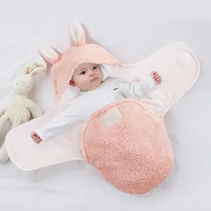 Infant newborn baby sleeping bag cute plush warm swaddle blanket with rabbit ear hood
