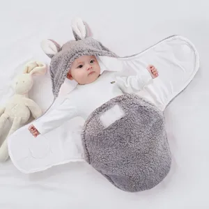 Newborn infant sleeping bag with cute bunny ears, soft thick anti-startle swaddle.