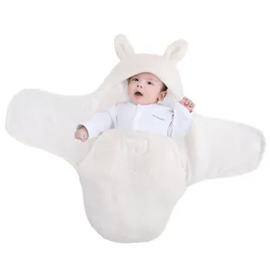 Cute newborn baby sleeping bag winter thick swaddle blanket with cute rabbit ears hood cozy.