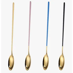 Stainless steel long handle round spoon detail view, showing gold bowl and colorful handles.