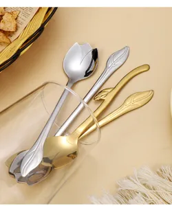 Stainless steel tulip flower coffee spoon, long handle mixing spoon for dessert and tea.