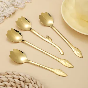 304 Stainless Steel Rose Flower Spoon Long Handle Mixing Spoon Gold Silver Coffee Spoon Dessert Spoon