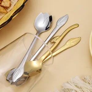 Stainless steel rose spoon long handle mixing coffee spoon gold flower dessert spoon set