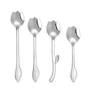 Stainless steel tulip spoon set, long handle coffee stirring dessert spoon, elegant floral design.