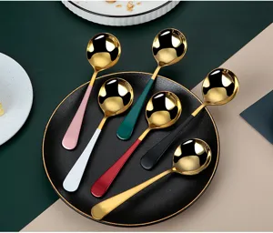 Stainless steel round spoon set with colorful handles, perfect for dessert, watermelon, and daily use.