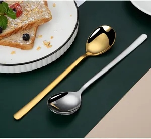 Juego de cucharas de mango largo de acero inoxidable, diseño coreano para postre y cena.