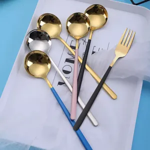 Stainless Steel Long Handle Round Spoon And Fork Modern Minimalist Mirror Polished Tableware Kitchen Dining Tool