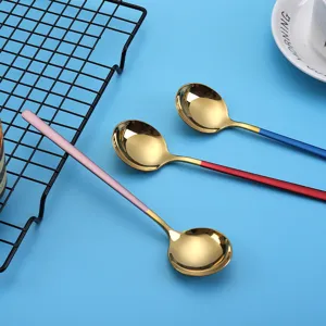 Stainless steel Korean long-handled round spoon with colorful handle for dessert and coffee.
