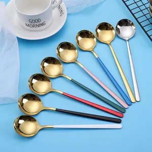 304 stainless steel Korean round spoon with colorful handles, ideal for home dessert stirring.