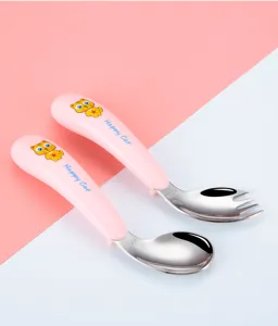 304 stainless steel kids fork and spoon set cute cat handle baby portable tableware