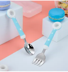 Detailed view of cute baby stainless steel spoon and fork set with blue polka dot handle.