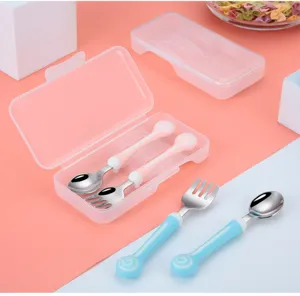 Cute lollipop baby fork and spoon set with portable case stainless steel children tableware.
