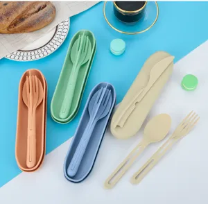 Portable wheat straw tableware set featuring knife, fork, and spoon with a compact storage case.