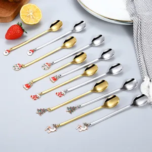 Christmas stainless steel coffee spoon set, cute holiday pendant dessert spoons for home party.