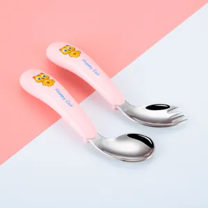 304 stainless steel kids fork and spoon set, portable baby feeding tableware with cute cat.